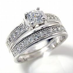 Detailed Design Sterling Silver Engagement Wedding Ring Set With Crystals -- Size 8