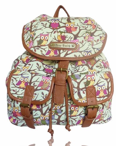LYDC Anna Smith Designer Vintage Retro Style Owl & Trees A 1317 Green Backpack Rucksack Bag Shoulder Bag Purse