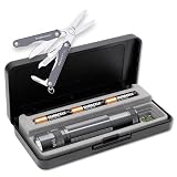 Mag-Lite XL100-09SQS4TI LED Taschenlampe titan-grau, Tactical Design mit Endkappenschalter, ANSI Standard getest und Leatherman Multifunktionstool Squirt S4, farbig eloxierte Alu-Griffschalen: storm-grau