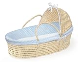 Natural Hooded Moses Basket with Blue Furry Dot Bedding by Badger Basket