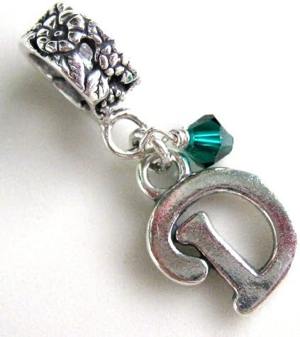 Initial D, Silver, Emerald, May Birthstone, Charm, Dangle Bead, European