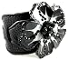 Beautiful Bella Essentials Black Leather Flower Wide Cuff Bracelet with Adjustable Straps and Crystal Accents