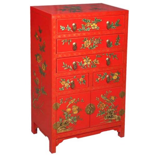 Handmade Asian Furniture - 37 Red Chinese Lacquer Wood Dresser / Cabinet - Seasonal Flowers Design
