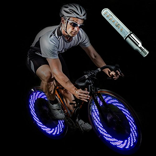 DAWAY A08 Bike Tire Valve Stem Lights - 7 LED Waterproof Bicycle Wheel Light Neon Flashing Lamp Glow in the Dark Cool Safe Accessories(Blue+Graphics)