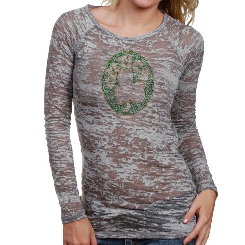 NBA Touch by Alyssa Milano Boston Celtics Ladies Gray Sheer Burnout Crystal Logo Premium Long Sleeve T-shirt (X-Large)