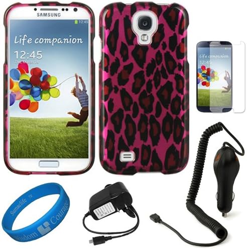 Pink Cheetah Design Durable 2 Piece Snap-On Crystal Hard Case Faceplate Cover for Samsung Galaxy S4 / S IV Android Smart Phones + Clear Anti Glare Screen Protector Strip w/ Cleaning Cloth + Black Micro USB Wall & Car Charger Bundle Kit + SumacLife TM Wisdom Courage Wristband