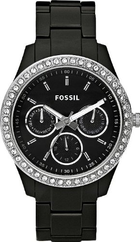 Fossil Women's ES2157 Black Resin Bracelet Black Glitz Analog Dial Multifunction Watch