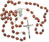 Catholic Gift Mens Light Brown Natural Carved Wood Bead Silver Plate Rosary Necklace with Blessed Madonna Sacred Heart Centerpiece
