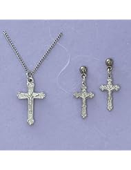 Great for First Communion, Small Girls Silver Tone Crucifix Necklace and Earrings Set
