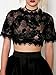 Persun Women's Black Tasseled Trims Sequin Floral Lace Sheer Crop Top