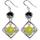 Dangle Earrings - Black Crystal & Yellow Bead Green Accent Dangling in the Center.