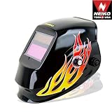Auto Darkening Solar Powered Welding Helmet - ANSI Approved, Red Flame Design with Polished Black Finish