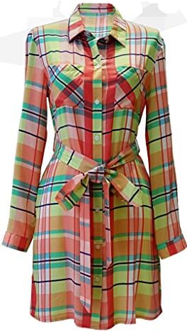 Orange Caramel Womens Long Sleeve Waist-Tie Plaid Dress S Peach