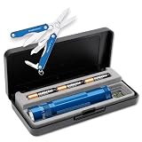 Mag-Lite XL100-11SQS4BL LED Taschenlampe blau, Tactical Design mit Endkappenschalter, ANSI Standard getest und Leatherman Multifunktionstool Squirt S4, farbig eloxierte Alu-Griffschalen: glacier-blau