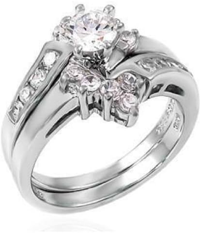 .925 Sterling Silver 6 Prong Setting Cubic Zirconia Wedding Ring Set