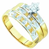 Men's Ladies 10K Yellow and White Gold .12CT Round Marquise Cut Diamond Wedding Engagement Bridal Trio Ring Set