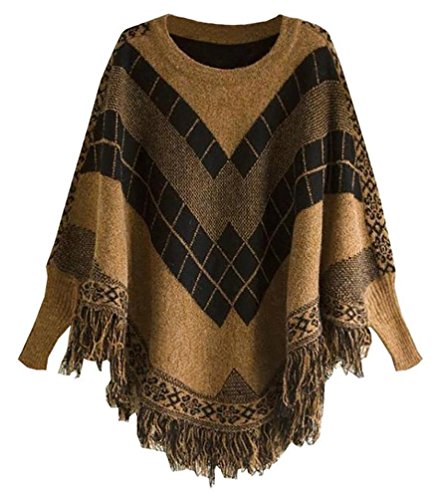 NOVAWO Cute Diamond Tassel Poncho Cape Shawls Batwing Sweater Cloak with Sleeves Tan One Size