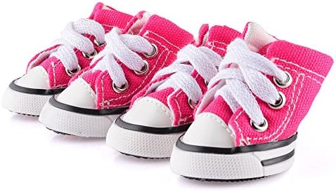 Rainbowee 4Pcs Casual Non-slip Pet Rubber Boots Lace-up Dog Puppy Sneaker Canvas Sport Shoes (Small, Pink)