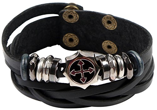 Areke Mens Leather Bracelets and Beads Unisex Male Cross Charm Bracelet with Metal Woven Snapper