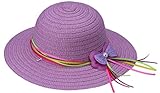 C-Princess女らしい つば広キッズ 子供用帽子 ストローハット 麦わら帽子 紫外線防止対策 UVカット バタフライ リボン飾り (1紫)