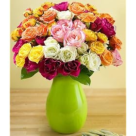 Flowers - 50 Blooms of Assorted Garden Spray Roses with Vase