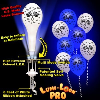 Checkered Flag White Balloons Blue Lights 10 Pack