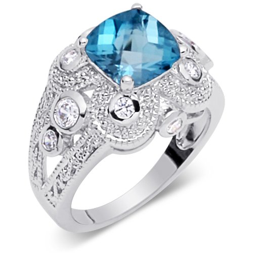 Dazzling 2.75 carats total weight Cushion Cut Checker Board London Blue Topaz & White CZ Size 7 Gemstone Ring in Sterling Silver
