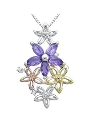 Tri-Color Sterling Silver Amethyst Gemstone Flowers Pendant Necklace, 18"
