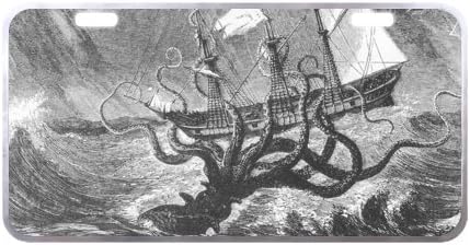 11.8" X 6.1" Unique Octopus image Metal Car License Plate Great Decorator Piece Silver Trim