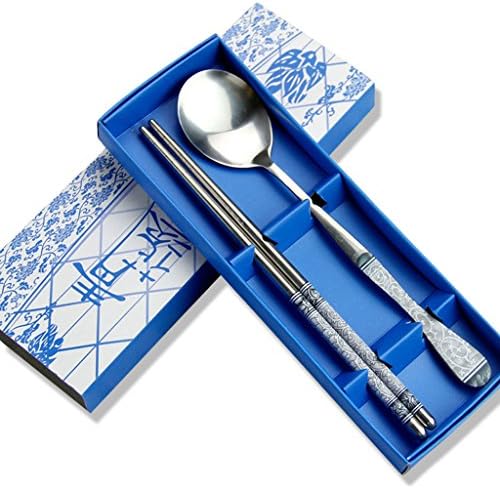 Ebestzone Blue Porcelain Pattern Metal Stainless Steel Gold Chopsticks and Spoon Set With Case