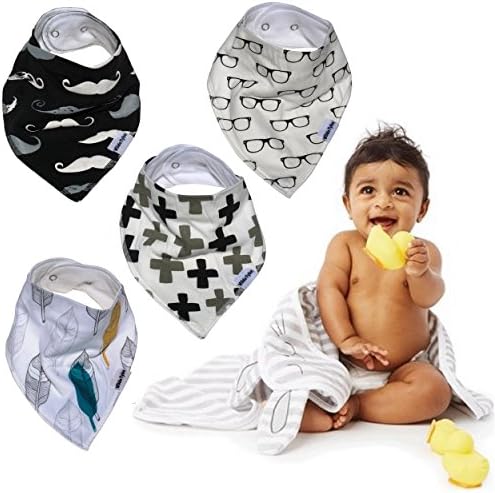 100% Organic Baby Bibs by Wilde Tyke (Pack of 4, Super-Stylish, Anti-Bacterial, Anti-Odor, Absorbent Premium Unisex Bandana Bib) Cute Luxury Baby Gift Set "Cutie Pie"