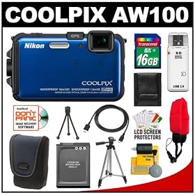 Nikon Coolpix AW100 Shock & Waterproof GPS 16.0 MP Digital Camera (Blue) with 16GB... by Nikon