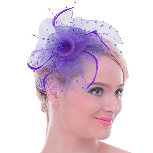 FAYBOX Big Flower Mesh Bow Feather Women Fascinator Dot Veil Hair Clip PUR