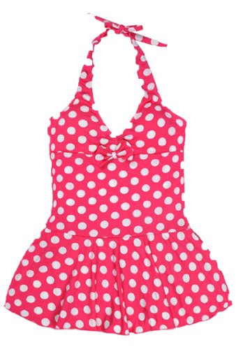 Wantdo Girl's Lovely One Piece Swimsuit Children Swimwear UV Protection Dress,Rose Red,14(age 7-8)