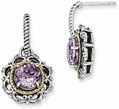 Sterling Silver w/14k Antiqued Pink Quartz &amp; Diamond Post Earrings,