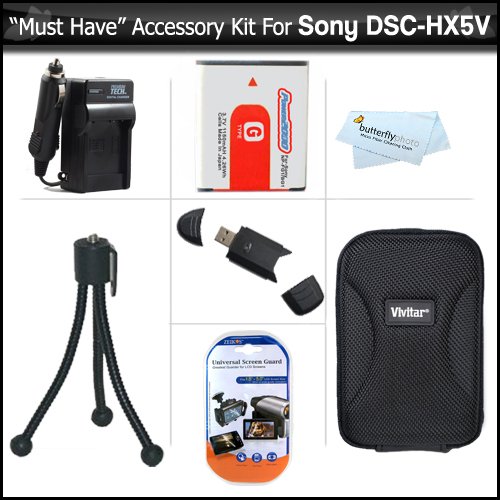 Must Have Accessory Kit For Sony DSC-HX5V DSC-H70 DSC-HX7V DSC-HX9V Digital Camera Includes Extended Replacement (1350 maH) NP-FG1 Battery + AC/DC Travel Charger + USB 2.0 Card Reader + Hard Case + Mini Tabletop Tripod + Screen Protectors + More