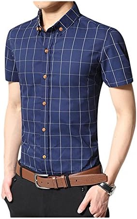 Louis Rouse Men's Cotton Plaid Shirt Fashion Slim Fit Dress Shirt (XXXXL, Dark Blue)