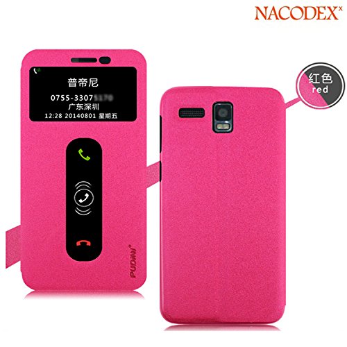 Nacodex® - Lenovo Golden Warrior A8 A806 - Pudini® [Flip Cases] Slim Filp View Stand Genuine Leather Cover Case [ View Window ] Pu Leather, Fold Stand & Windown Open Case [ Easy to Fit 2015 ] (Lenovo A8 Golden Warrior / A806 (Red))