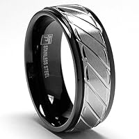 8MM Two Tone Stainless Steel Black Ring with Crystal Cut Grooves 8
