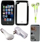 Black with White Premium Rubberized Hard Crystal TPU Silicone Skin Cover Case for Apple iPod Touch 4th Generation (8GB, 16GB, 32GB, 64GB) + Mirror Screen Protector for iPod Touch 4th Generation LCD Display Screen + USB Car Charger + USB Travel Wall Charger + Green Hifi Noise Reducing Headphones / Earbuds