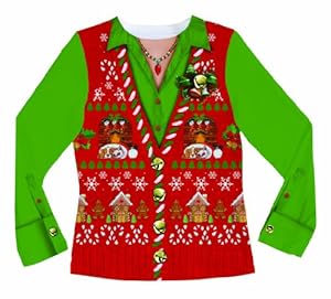 Faux Real Women's Ugly Xmas Sweater Vest Long Sleeve T-Shirt, Multi, Medium
