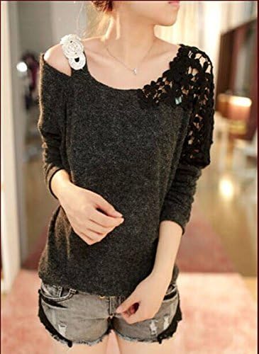 Yaslnn Ladies Off Shoulder Floral Lace Crochet Knitwear Shirts Pullover Sweater M Black
