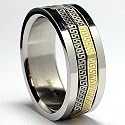 Tricolor Greek Key Laser Design Stainless Steel Spinner Ring Sizes 8 to 12