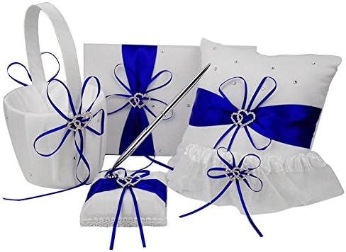Teasun 1 Wedding Guest Book + 1 Pen Set + 1 Flower Girl Basket + 1 Ring Bearer Pillow + 1 Garter , Blue