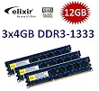 12GB Triple Channel Kit: Elixir Original 3x 4 GB 240 pin DDR3-1333 DIMM (1333Mhz, PC3-10600U, CL9, 256Mx8, NON-ECC, unbuffered) - Part M2F4G64CB8HB5N-CG f�r alle DDR3 Computer und Core i3 / i7 / i9 Mainboards mit Triple Channel