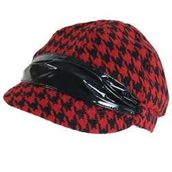 New Houndstooth Crinkle Newsboy Driver Cabby Cap Hat * Red w/ Black Band * Small / Medium