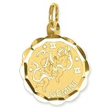 14k Satin Polished Engraveable Gemini Zodiac Scalloped Disc Charm
