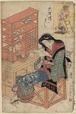 Vinyl Sticker of historic Japanese Art: a woman reading, sitting in a chair at a cabinet containing tea service utensils, on the wall behind her is a print two of the seven lucky gods, Daikokuten shaving Fukurokuju's head