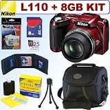 Nikon Coolpix L110 12.1MP Digital Camera (Red) + 8GB Accessory Kit