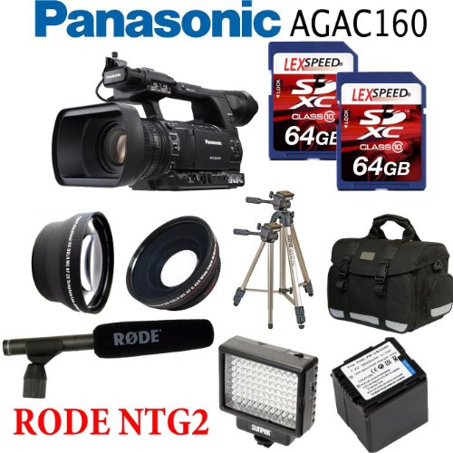 Panasonic AG-AC160 AVCCAM HD Hand-Held Camcorder + Rode NTG2 Condenser Shotgun Microphone + Rode VXLR Minijack + Panasonic VW-VBG6 Battery + 2 X 64GB SDXC + 0.45X Wide Angle Lens + 2x Telephoto Lens + Case + Tripod + Led Light + Travel charger + UV + CPL FILTER Panasonic AG-AC160 AVCCAM HD Hand-Held Camcorder + Rode NTG2 Condenser Shotgun Microphone + Rode VXLR Minijack + Panasonic VW-VBG6 Battery + 2 X 64GB SDXC + 0.45X Wide Angle Lens + 2x Telephoto Lens + Case + Tripod + Led Light + Travel charger + UV + CPL FILTER